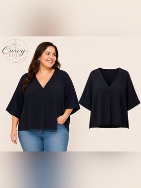 Zenana Outfitters  Black Textured V-Neck Relaxed Boho Coastal Minimalist 2X